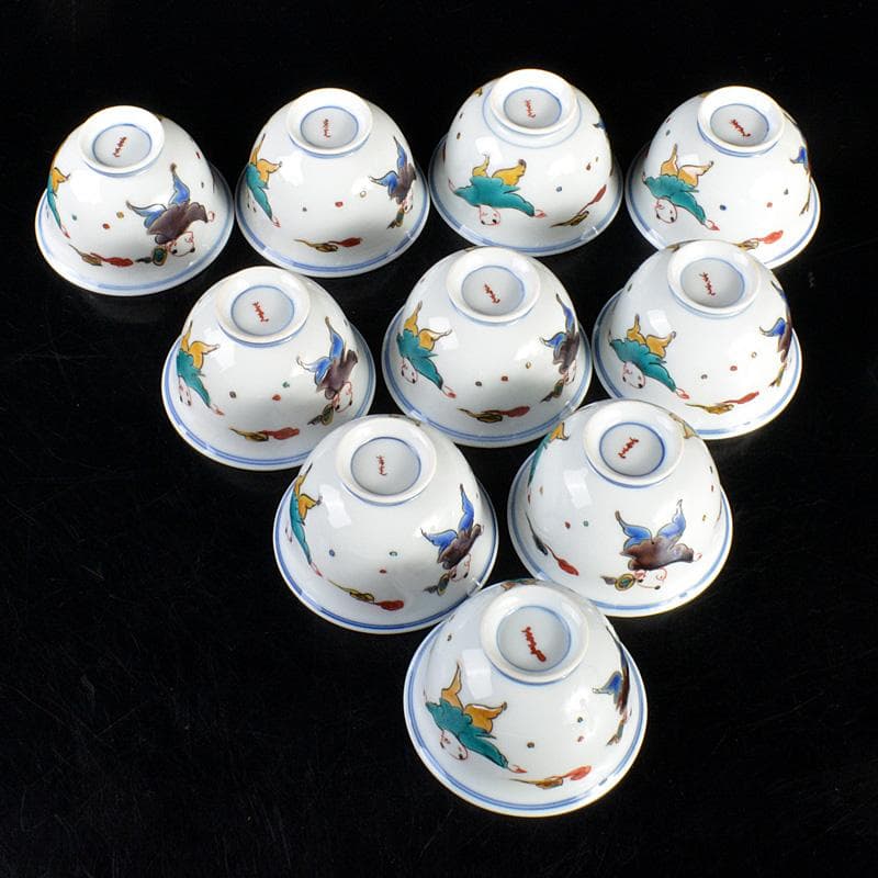 九谷焼　堀江青光造　色絵唐子文　波出茶碗　数茶碗　10客　共箱　V　6207C