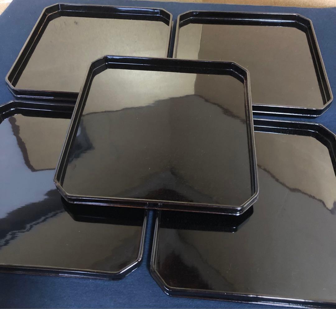 《R》時代 黒塗 隅切膳10客 在銘 木製漆器 共箱　260108き1