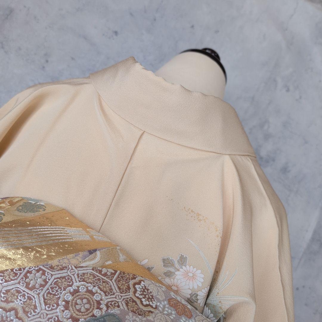 訪問着　フルセット　着物　正絹　金彩加工　鶴草花　金駒刺繍　寿　豪華　O8
