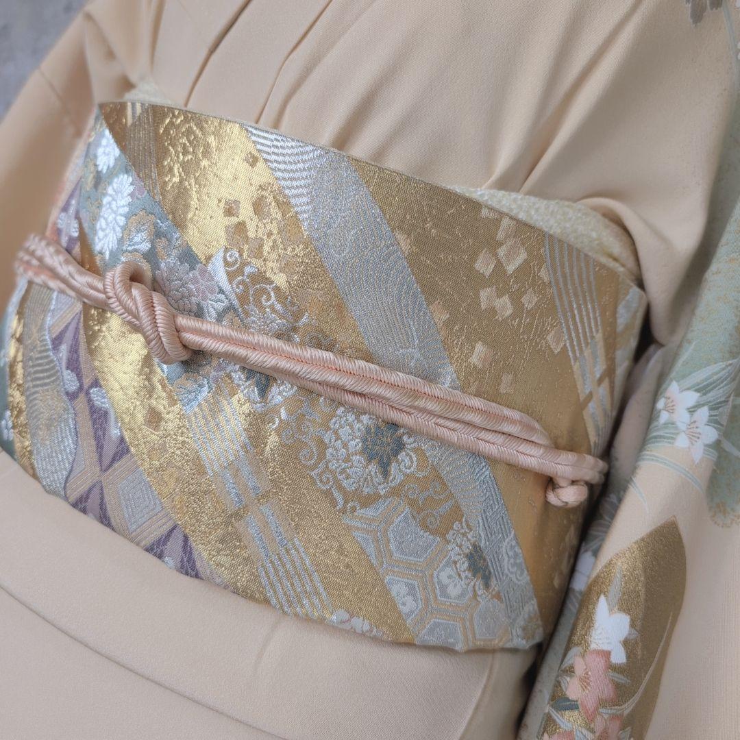 訪問着　フルセット　着物　正絹　金彩加工　鶴草花　金駒刺繍　寿　豪華　O8