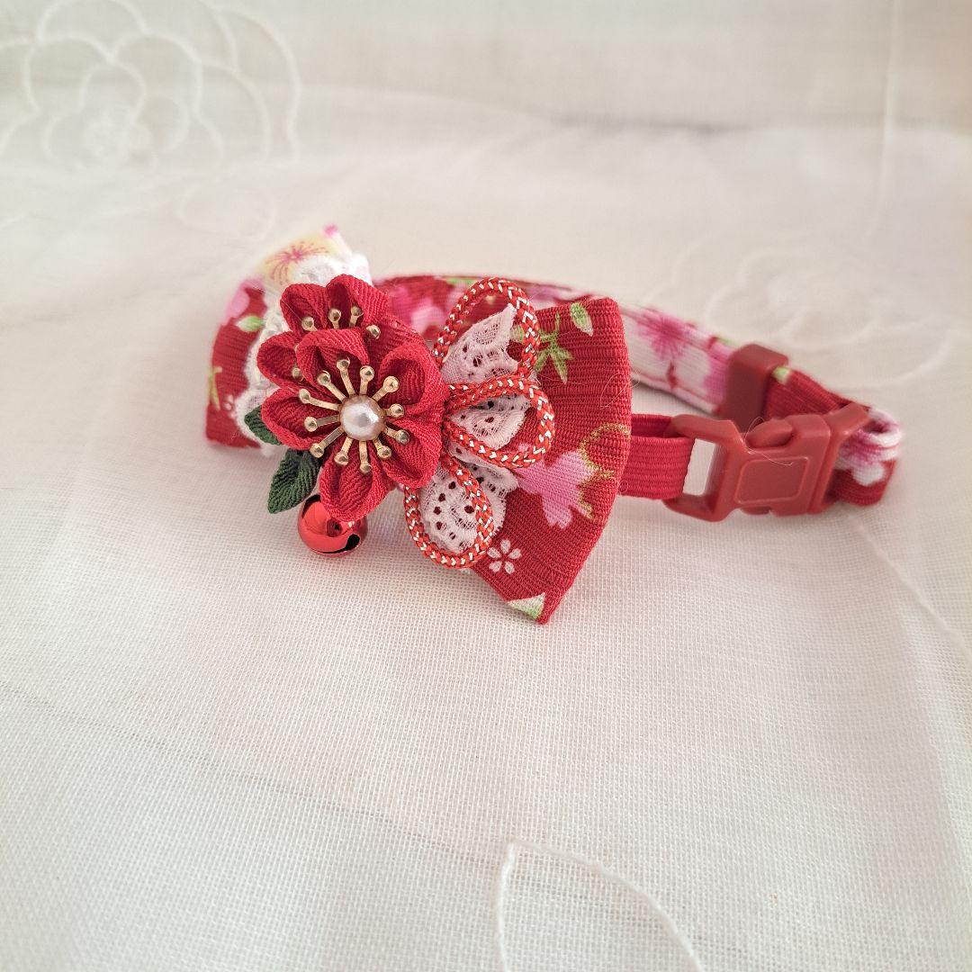 プッチ、和風つまみ細工(水色)わんちゃん猫ちゃん用襟付き首輪