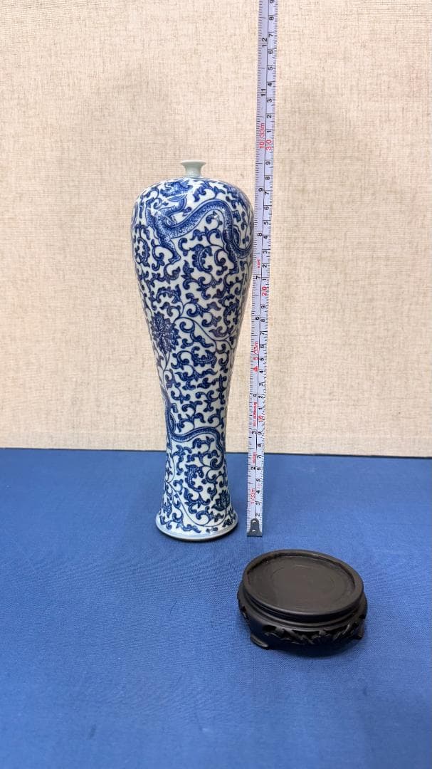 【在銘】中国古作写・青花唐草文 高瓶｜官窯様式｜木台付｜一点物