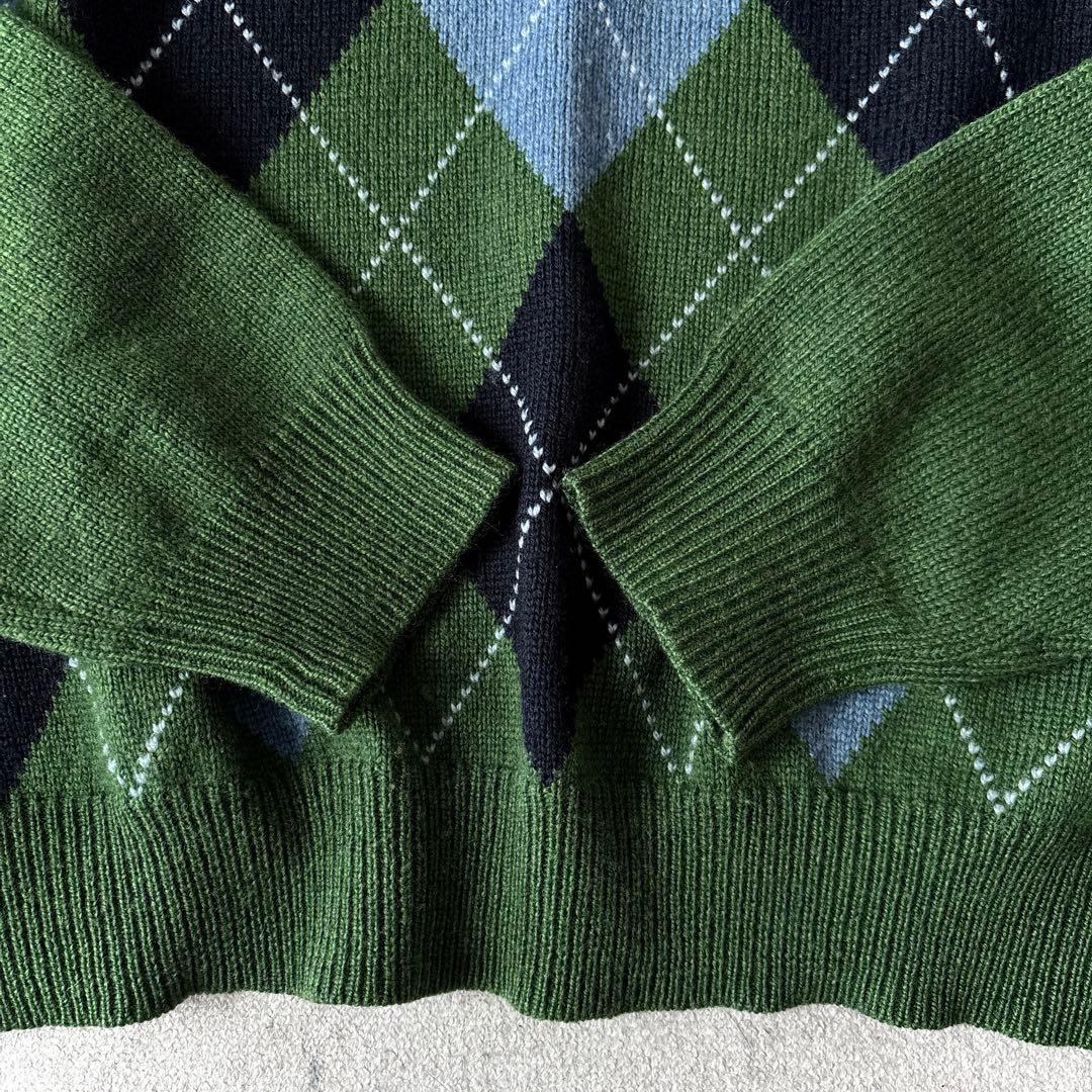 美品 ブルックスブラザーズ イタリアンラムウール Vネック アーガイルニット 緑