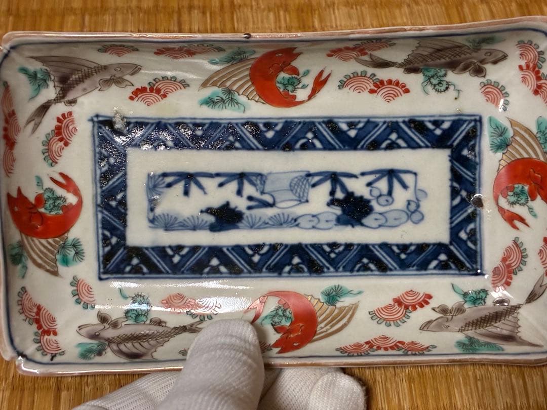 古伊万里 魚紋 風景図 色絵 長皿 丸皿 二点