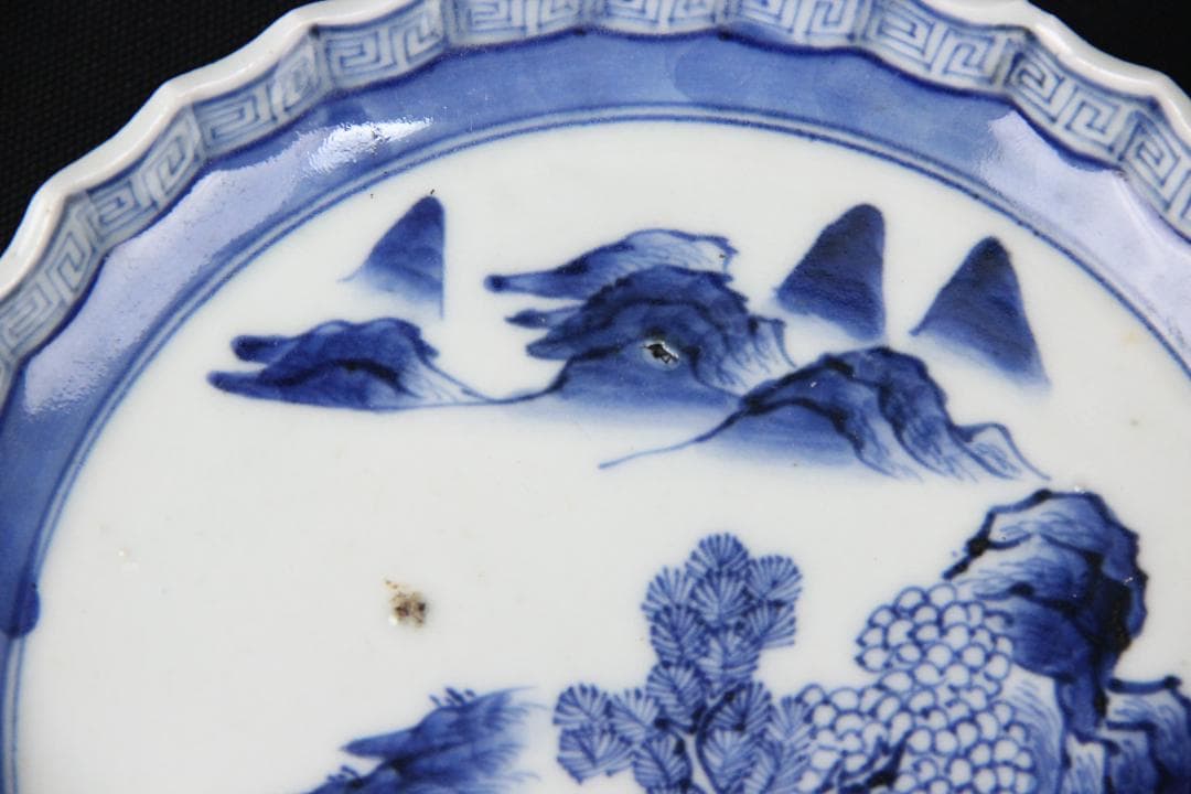 古伊万里 染付 山水 五枚 菓子皿 風景絵 江戸明治期 補修済み Eo21-7