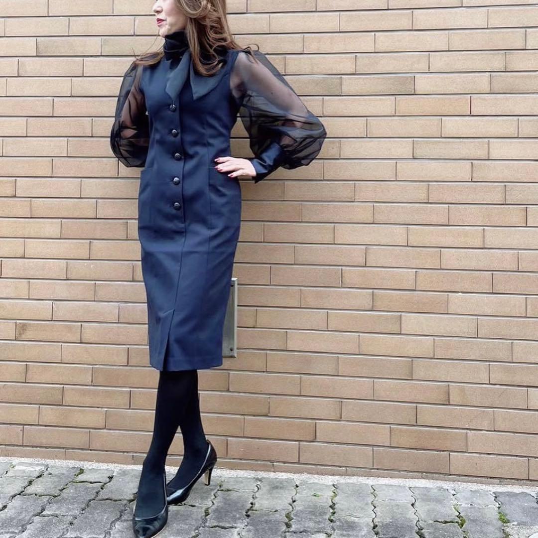 レジーナロマンティコ オーガンジースリーブワンピース リボン ネイビー 36