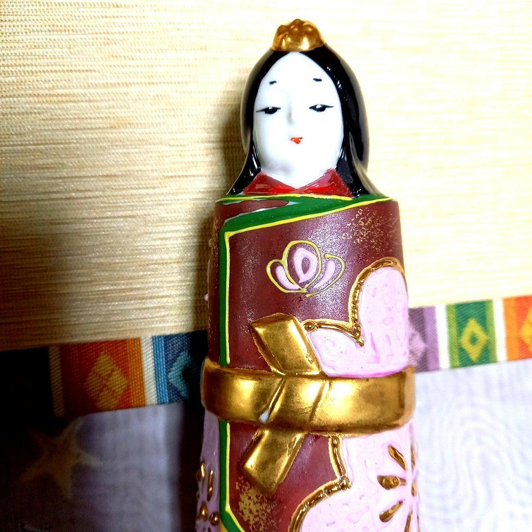 九谷焼　長峰窯　立ち雛 (紫盛) 屏風.台座.木札付き 箱入りす