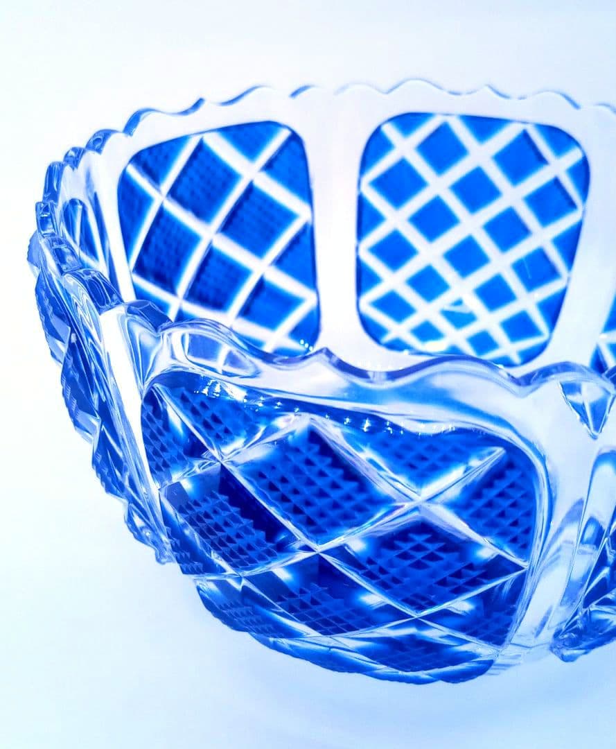 【新品未使用】薩摩びーどろ工芸作 薩摩切子 向付鉢 藍 魚子紋 花縁連弁状