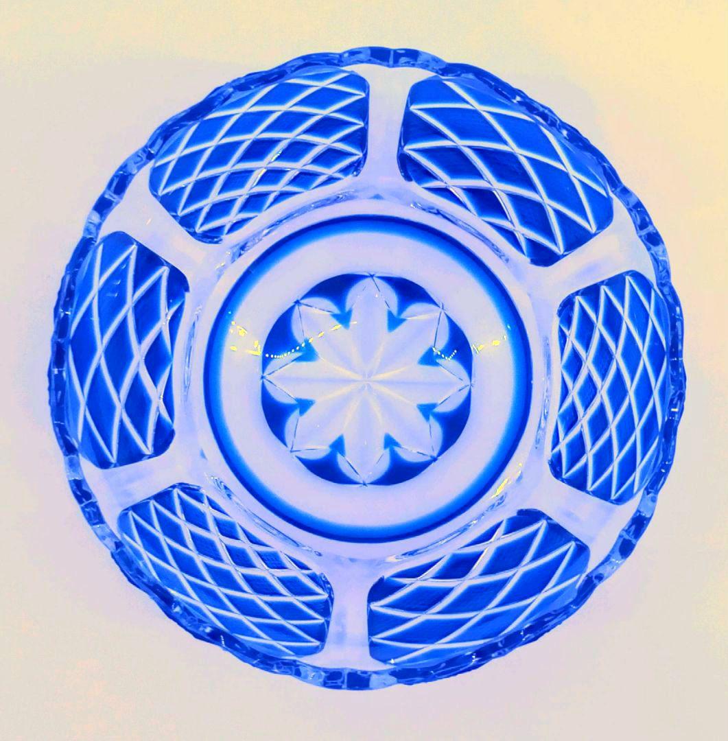 【新品未使用】薩摩びーどろ工芸作 薩摩切子 向付鉢 藍 魚子紋 花縁連弁状