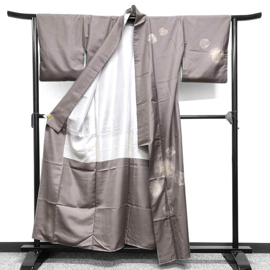 付け下げ　紬　金糸　鷺　花模様　八橋　リーフ　蛇籠　グレー系　着物　062w d