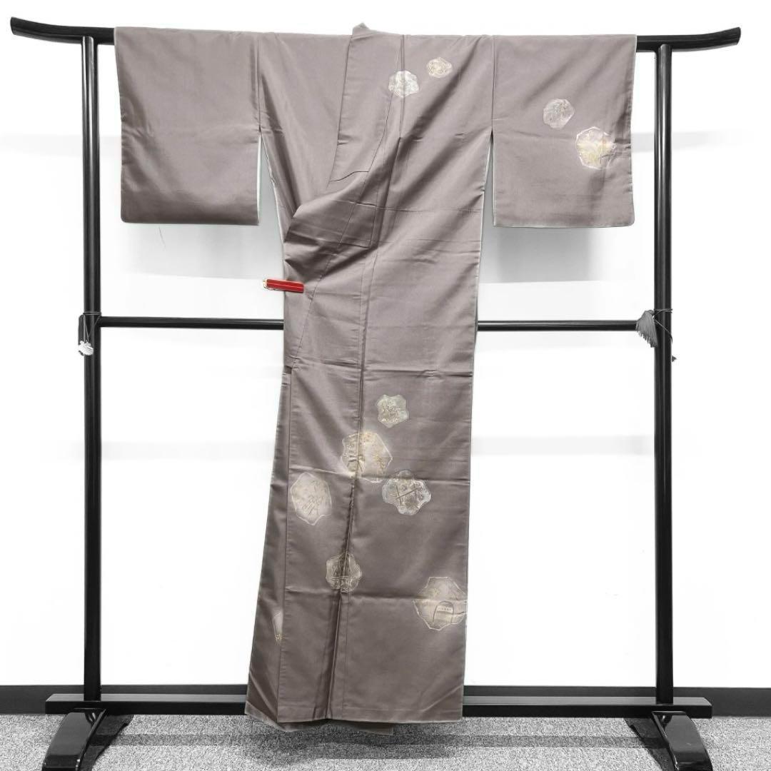 付け下げ　紬　金糸　鷺　花模様　八橋　リーフ　蛇籠　グレー系　着物　062w d