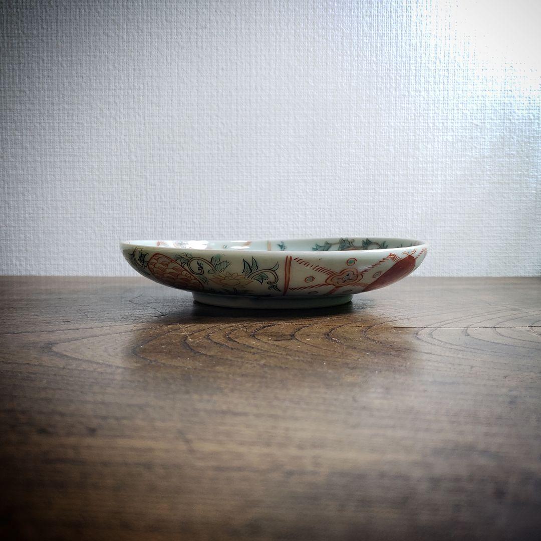 古伊万里　色絵付　中皿　赤絵　薄緑　草文様　希少図　トリアシ　ロ号　明治