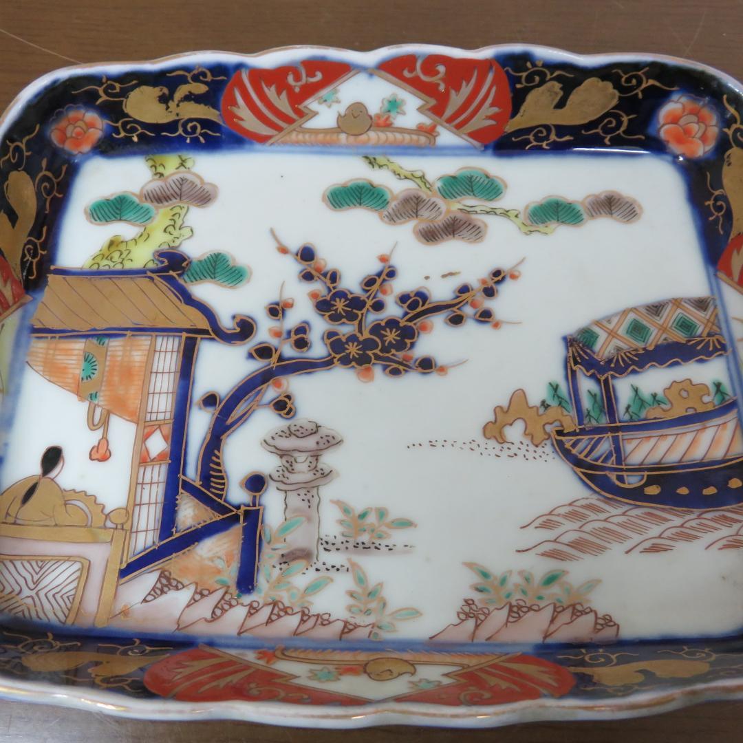 角皿 金彩 色絵付け 歪みあり 松竹梅 人物 船 小鳥 紅葉 5脚 江戸時代