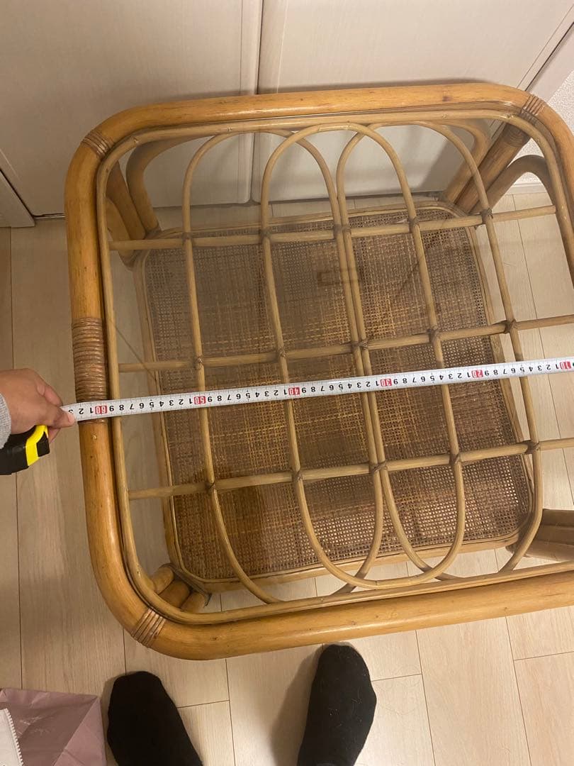 【訳アリ】籐　ラタン製　ガラステーブル 昭和レトロ　アンティーク　北欧　軽量