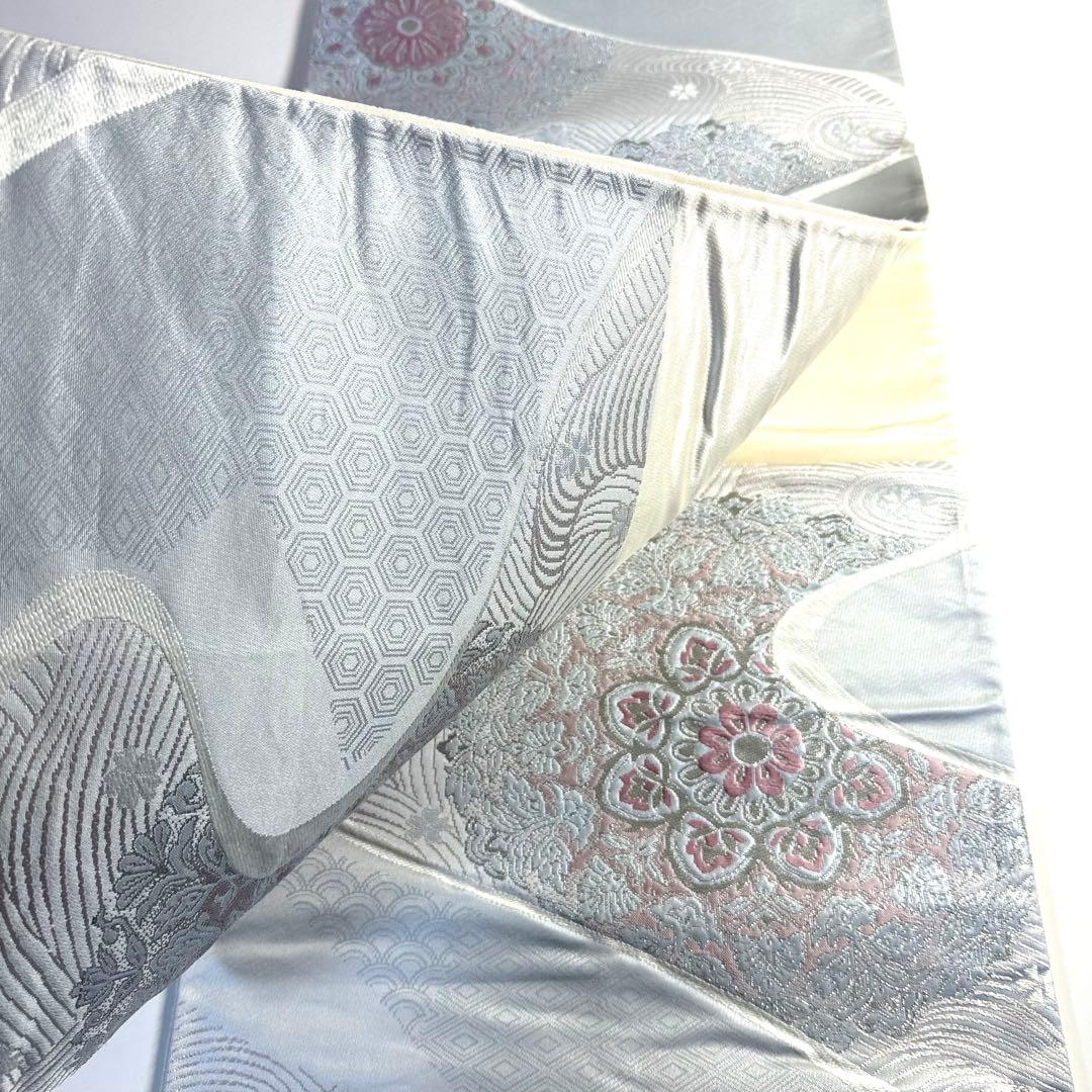 6k148 袋帯　絹　唐織　正倉院文様　華文　銀色　白　ピンク　花柄　和装