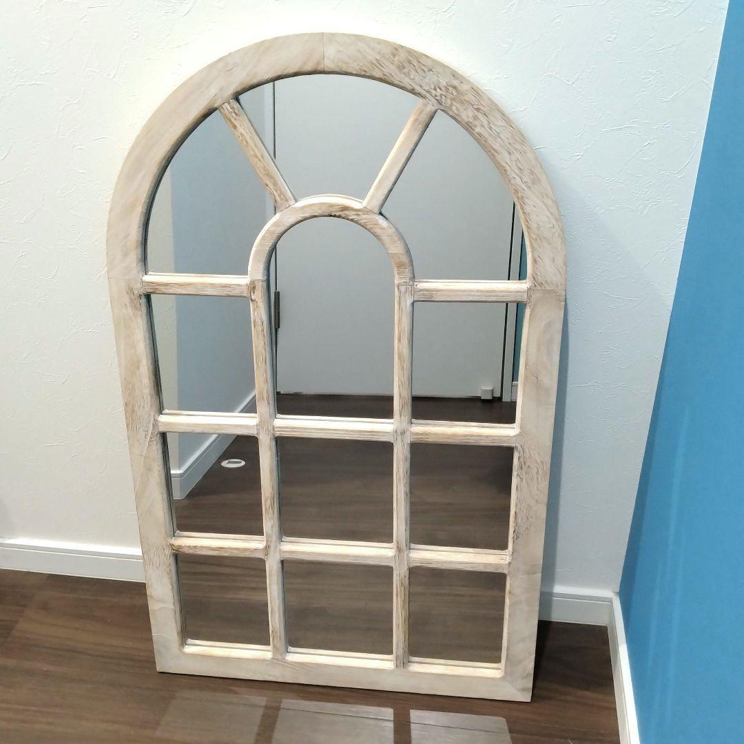 窓枠 窓風 ミラー 鏡 アンティーク調 シャビー 特大 大型 80×50cm