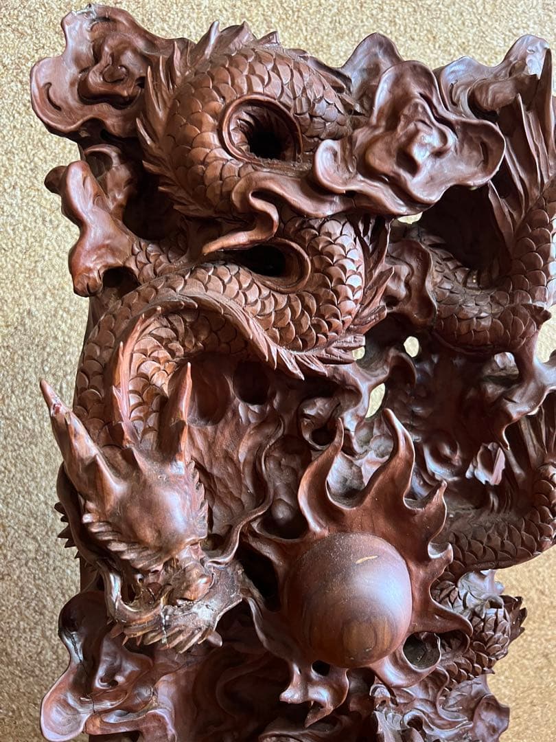 天然木 一刀彫 昇龍興龍