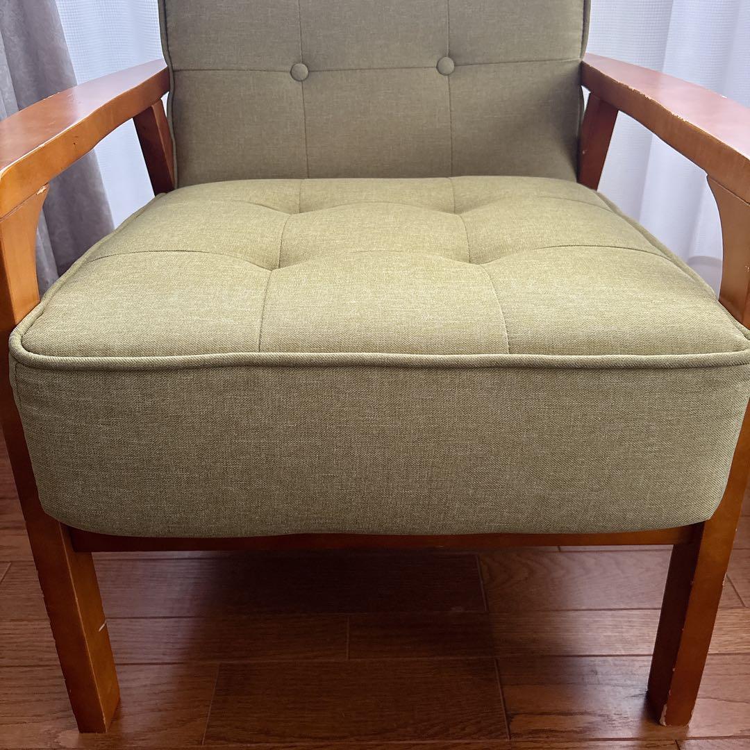 美品】ニトリ 1人掛けソファ ダイニングチェア ルッキ 天然木フレーム グリーン