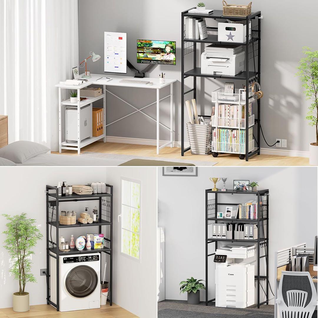 【幅伸縮・2口コンセント・高さ調整】冷蔵庫上ラック キッチンラック ブラック