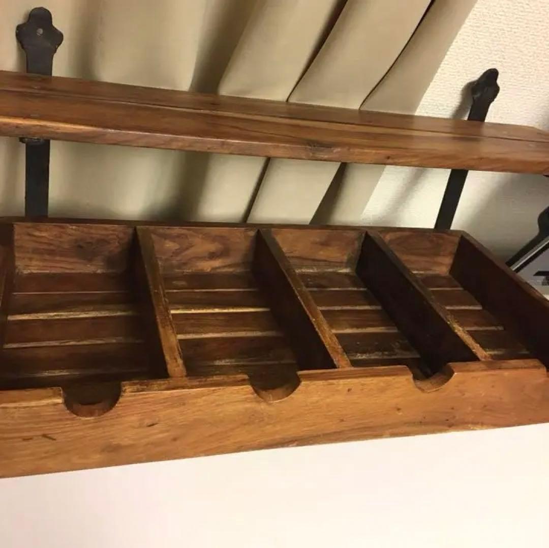 アンティーク風　木製ワインラック　グラスホルダー　アイアン  ウォールシェルフ