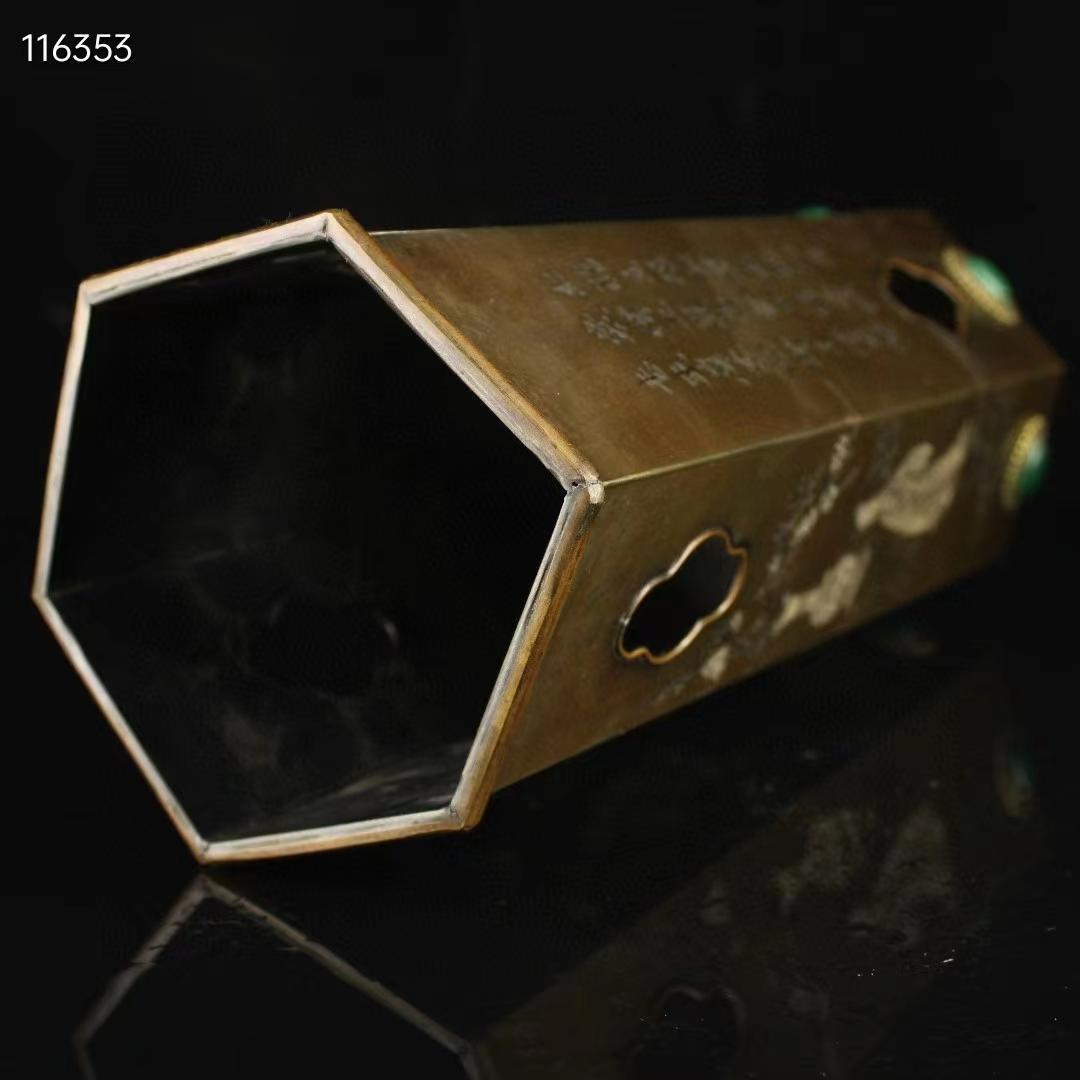 中国古美術・珍蔵純銅製・純手作り・仕女絵宝石入り筆立・文房置物・書道品·純手彫り