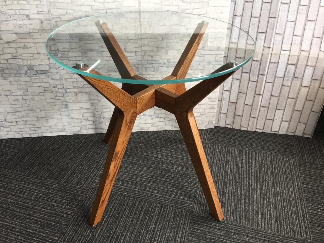 ☆引取限定☆カナデモノ カフェテーブル ガラス 75cm オーク無垢材