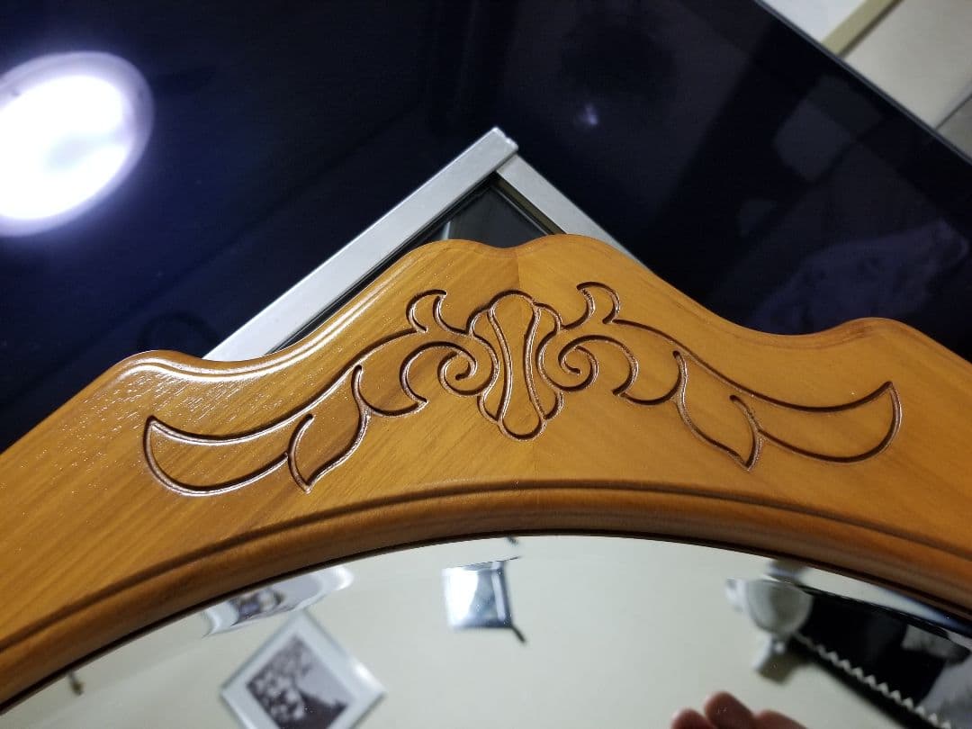 大塚家具　希少材　チェリー　無垢　柄彫り　円形　ウォール　ミラー　壁掛け鏡　姿見