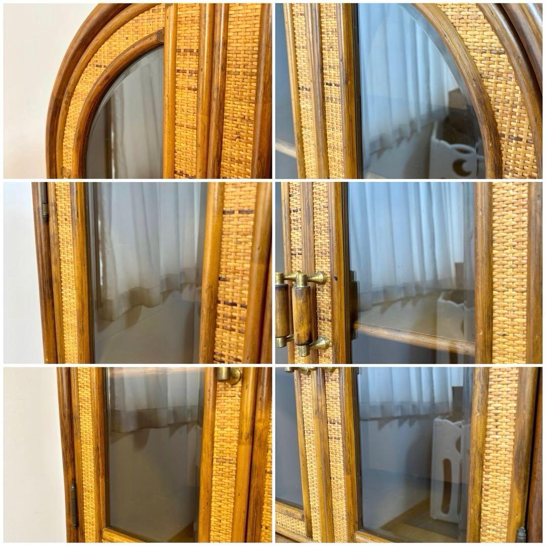 ラタン ガラス扉付きキャビネット アーチ型 飾り棚 キャビネット レトロ