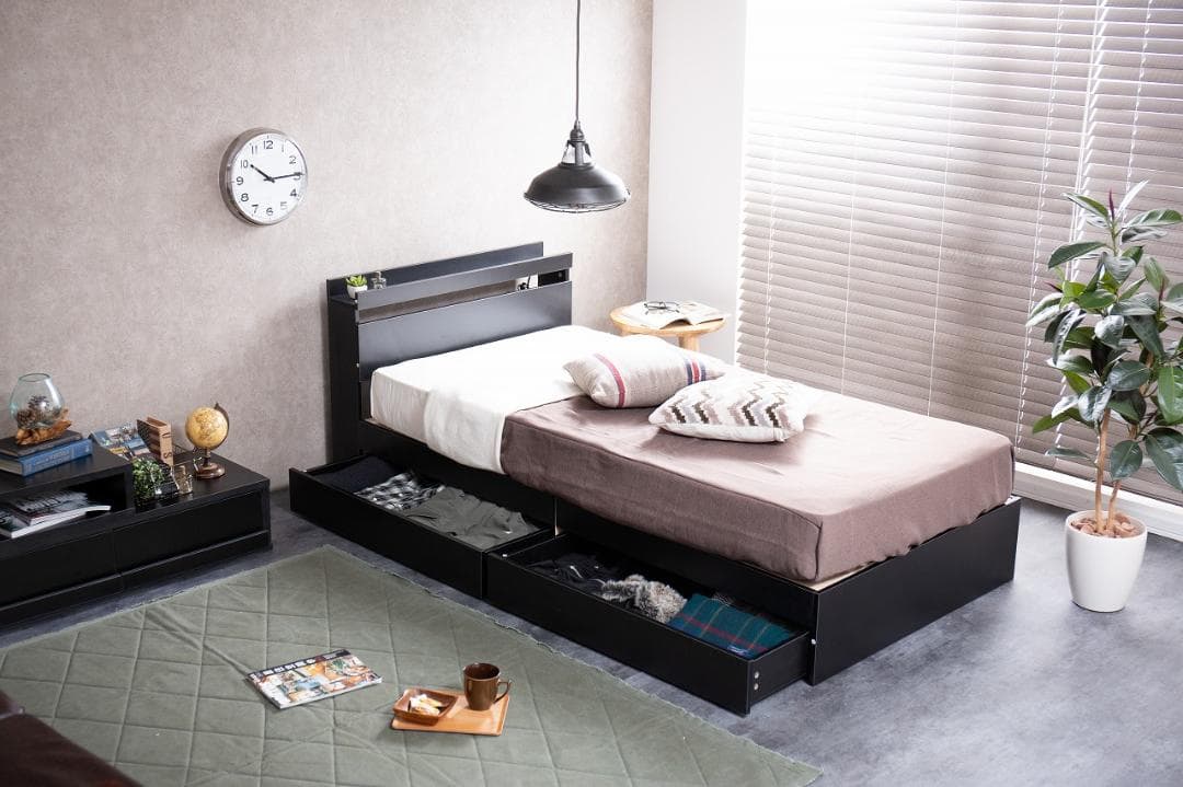 《新品・送料無料》【セミダブル】Pluto 収納付きベッド（マットレス付き）