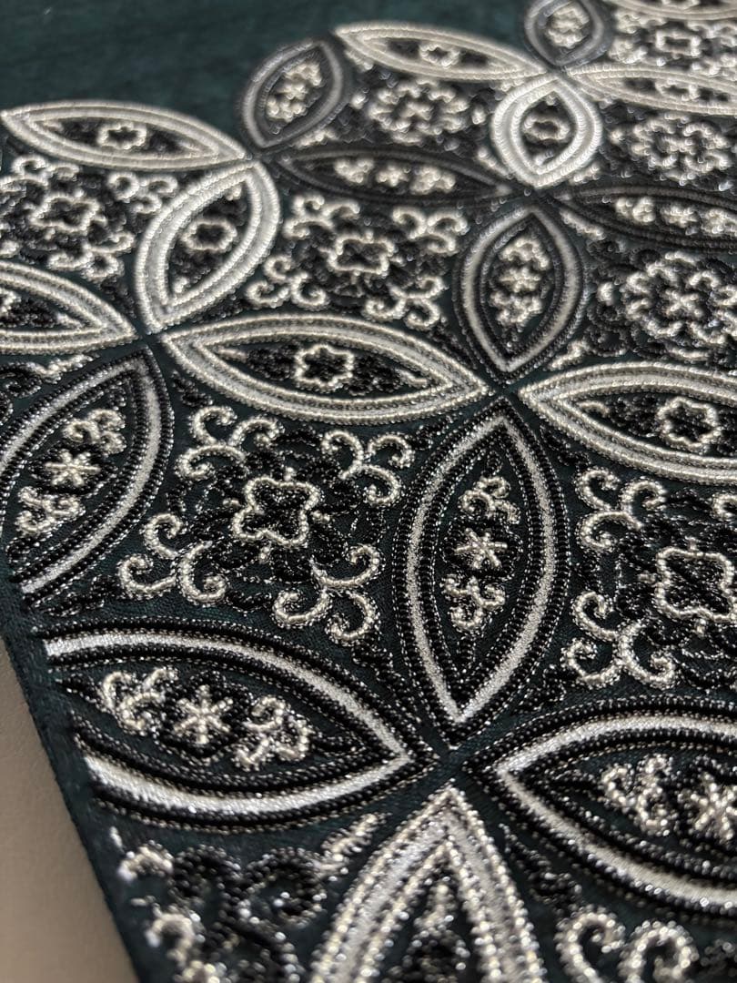 正絹 文様入り 控えめな透け感 袋帯 ビーズ刺繍 七宝丸文